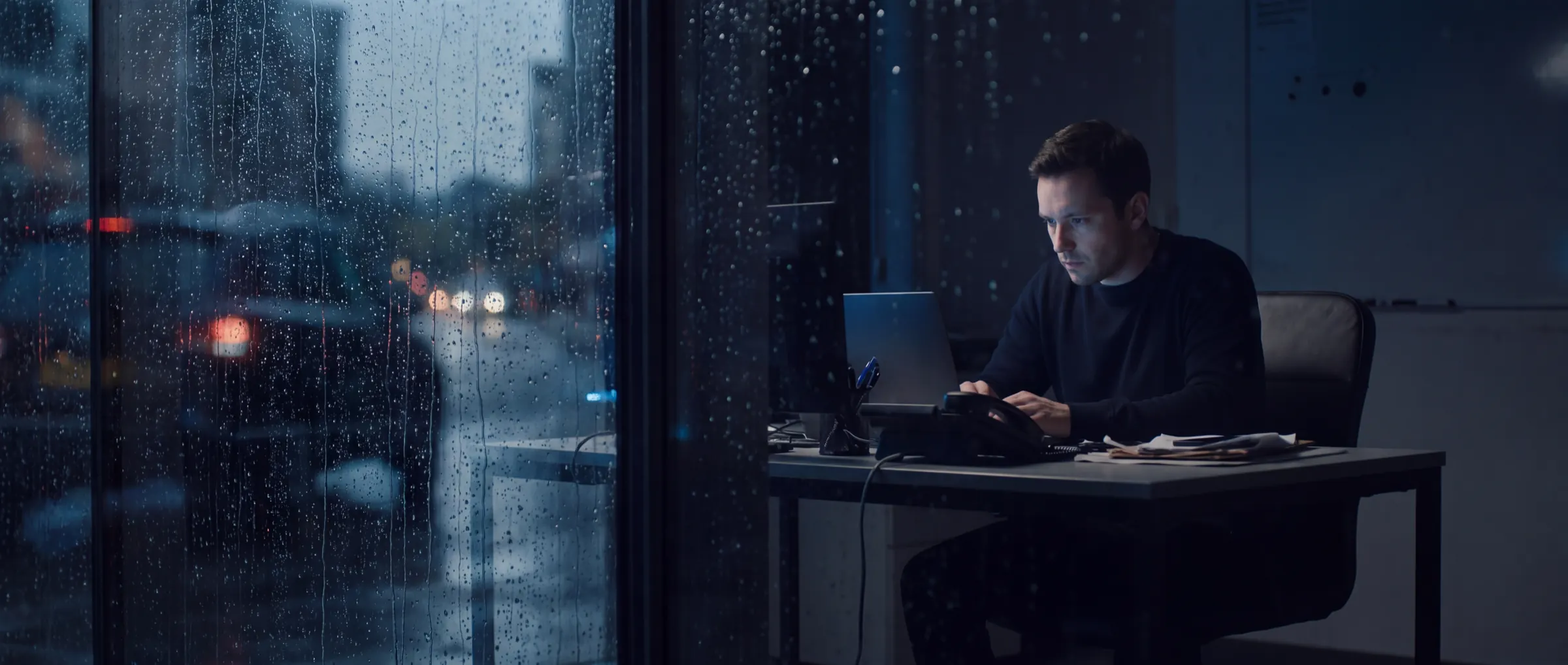 Een tester kijkt ’s avonds van buitenaf mee, door een raam met regen, naar zijn laptop