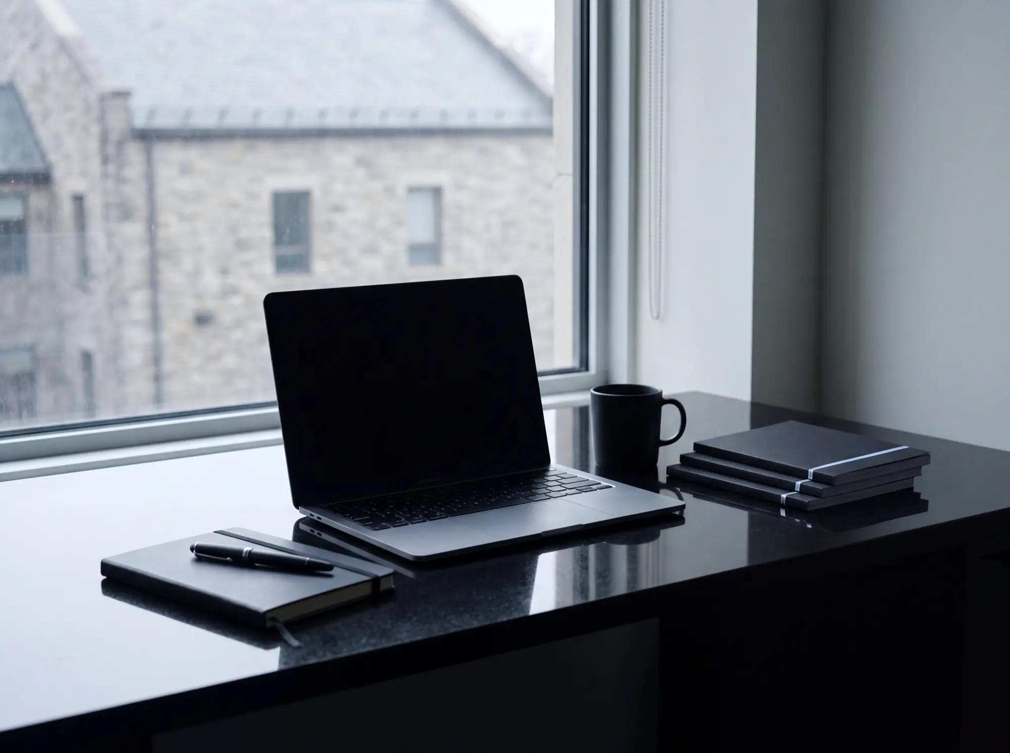 Een rustige werkplek met laptop, notitieboek en rapporten bij het raam